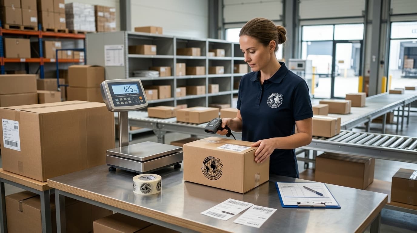 Professional international courier and logistics shipment handling process inside operations hub